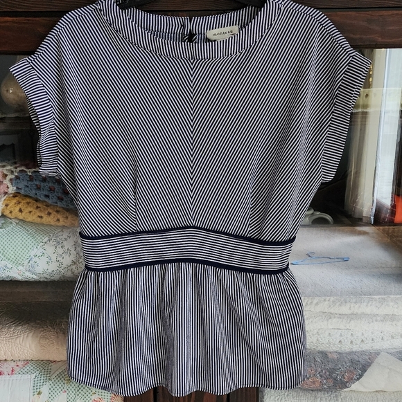 Monteau Women's Navy and White Striped Peplum Blouse - Picture 1 of 6